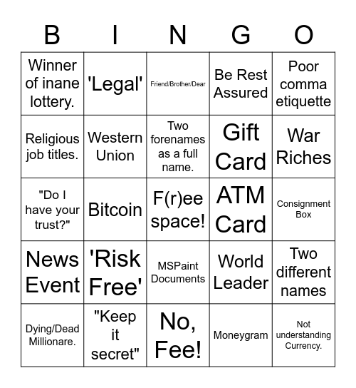 Scammer Bingo Card