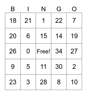 Numeros 0 - 30 Bingo Card