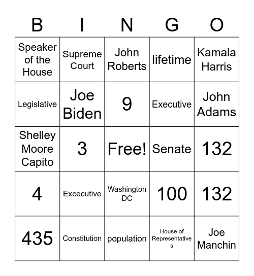 3 Branches of Government Bingo Card