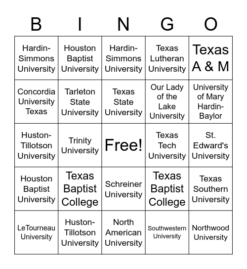 Texas Colleges and Universities Bingo Card