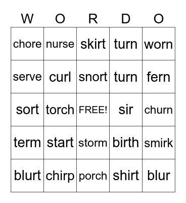 ar, er, ir, or, ur    Words Bingo Card