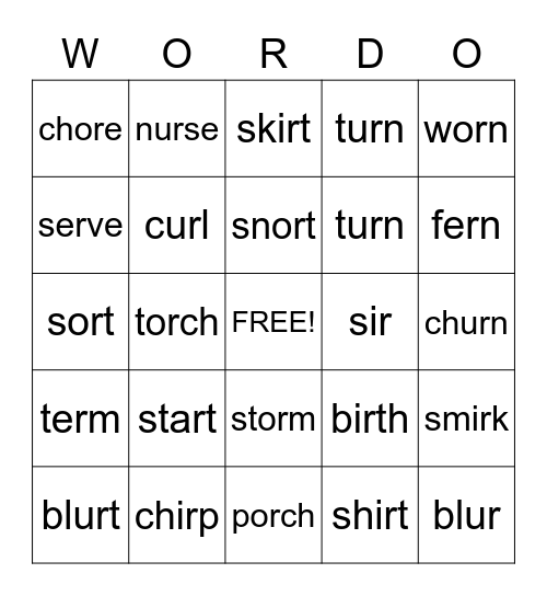 ar, er, ir, or, ur    Words Bingo Card