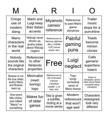 Mario Movie Trailer Bingo Card