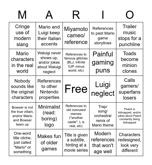 Mario Movie Trailer Bingo Card