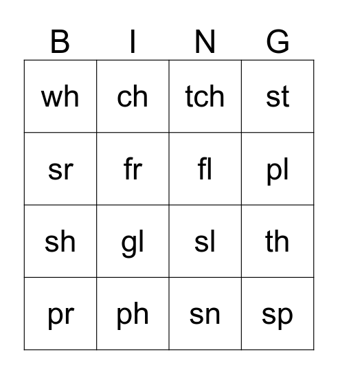 Blends and Digraphs Bingo Card