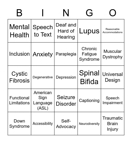 disABILITY Awareness Week Bingo Card