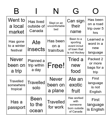 Bingo Around the World!! Bingo Card