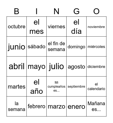 Numbers, Days & Months Bingo Card