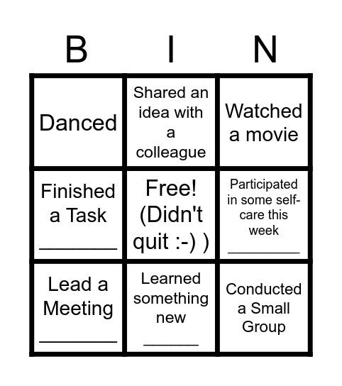 End of 1st 6Wks Bingo Card