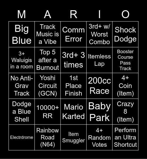 Mario Kart 8 Online Bingo Card