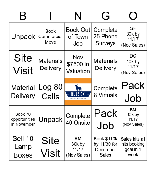 November Sales Bingo Card