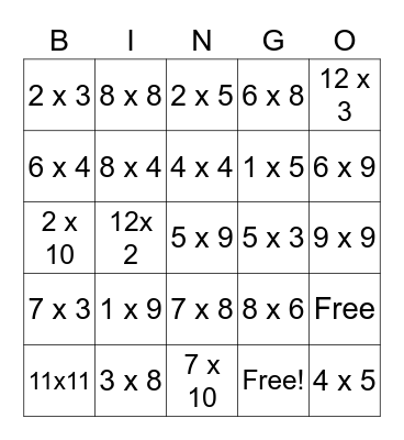 Multiplication Bingo Card