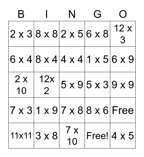 Multiplication Bingo Card