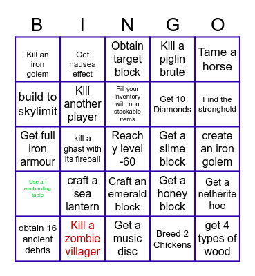 Minecraft challenges Bingo Card