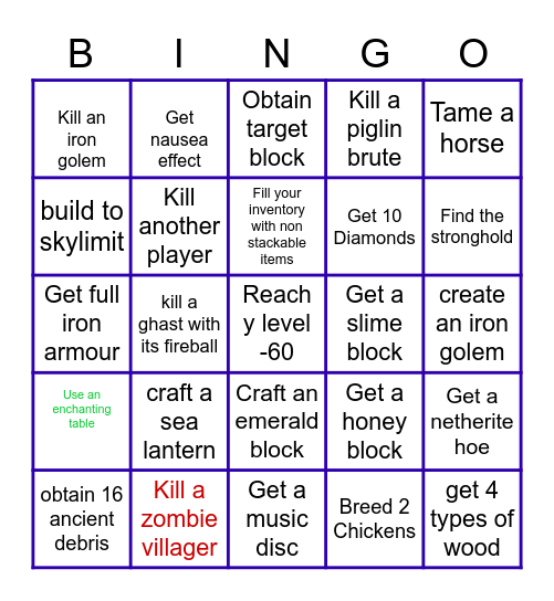 Minecraft challenges Bingo Card