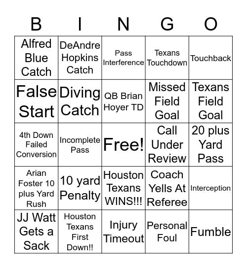 Houston Texans Grille Texans vs Jaguars Bingo Card