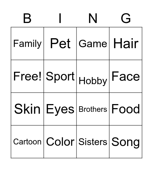 All About Me Bingo Card