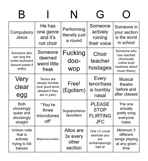 Advanced Choir Bingo Card