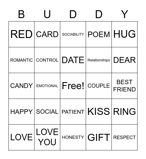 Love & Friendship Bingo Card