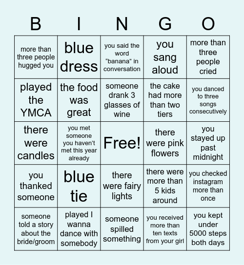 David’s going-to-a-wedding bingo so he isn’t bored Bingo Card