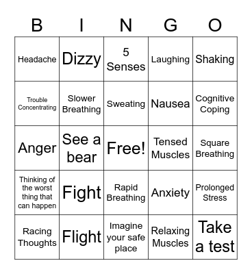 Fight Flight Response Bingo Card