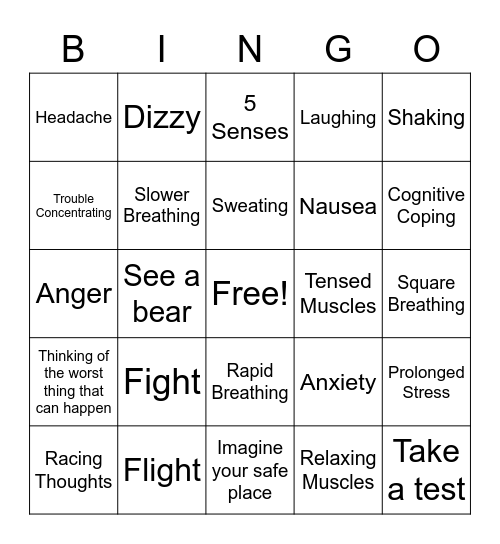 Fight Flight Response Bingo Card