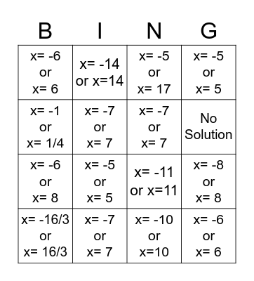 Absolute Value Equations Bingo Card