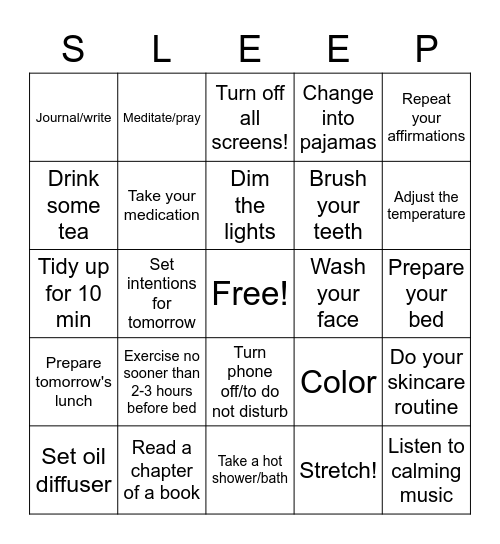 Sleep Routine Bingo Card
