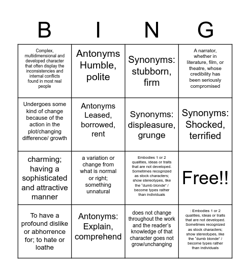 Vocab 5 Bingo Card