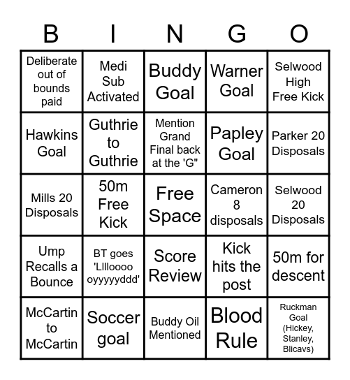 AFL 2022 Grand Final Bingo Card
