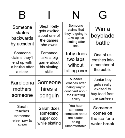 Barneys Youth Goes Ice Skating Bingo Card