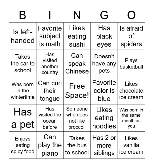 Icebreaker Bingo Card