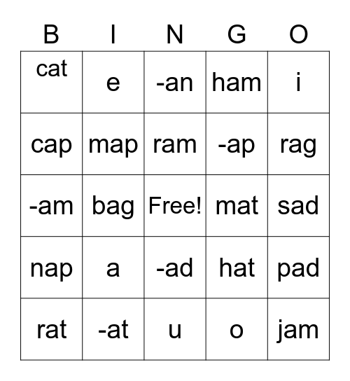 -ap/-ad/-at word family Bingo Card