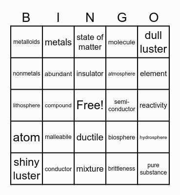 Classifying Matter Bingo Card