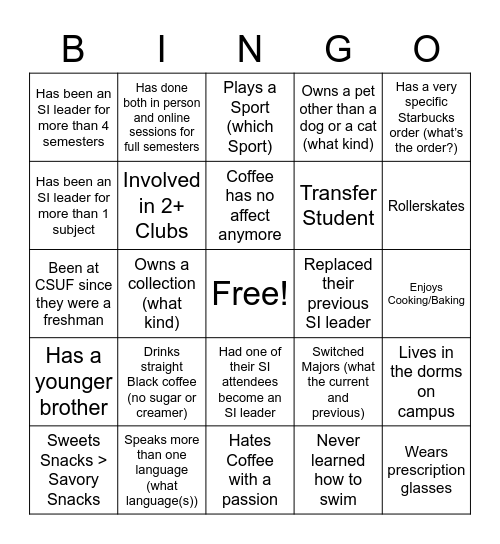 SUPPLEMENTAL INSTRUCTION Bingo Card