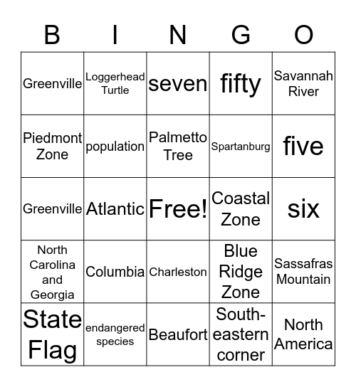 South Carolina Regions and Stuff Bingo Card