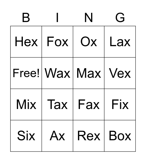 X Words Bingo Card