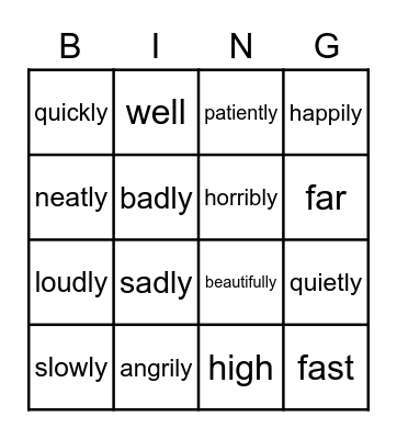 Adverbs of manner Bingo Card