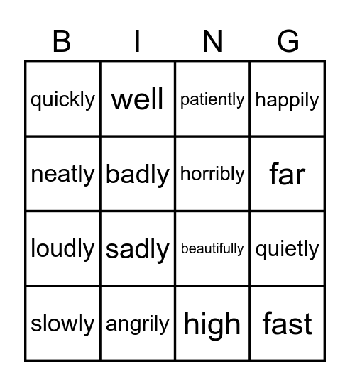 Adverbs of manner Bingo Card