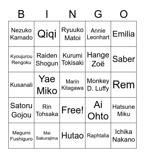 Cosplayer Bingo Card