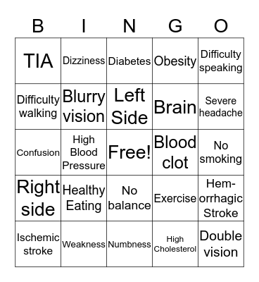 Stroke Prevention Bingo Card