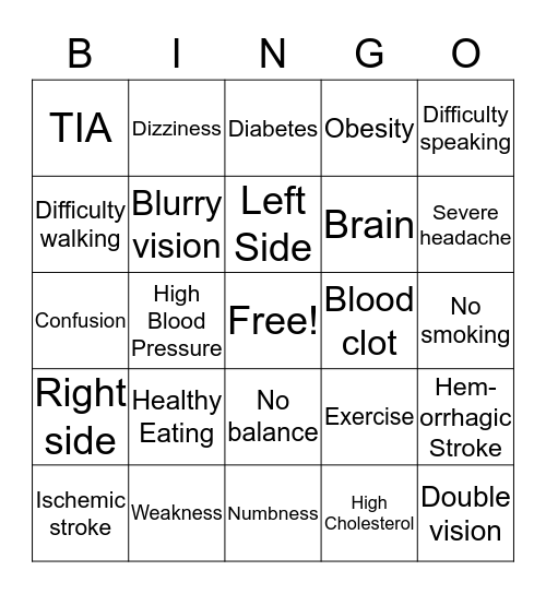 Stroke Prevention Bingo Card