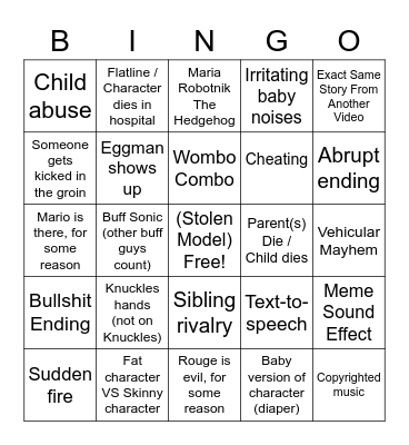 Sonic Finger Family Bingo (Family Friendly Edition) Bingo Card