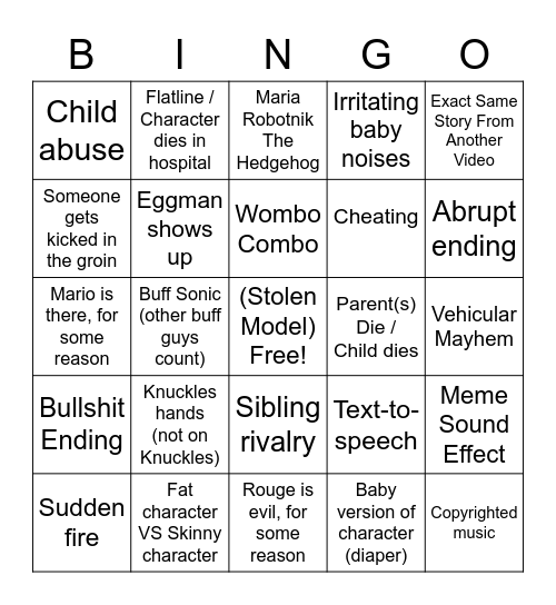 Sonic Finger Family Bingo (Family Friendly Edition) Bingo Card