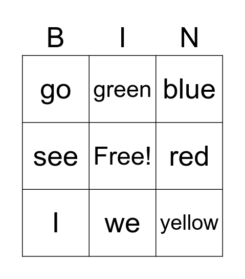 Sight Word Bingo Card
