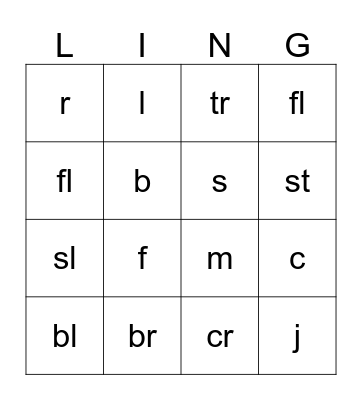 short "a" Lingo Bingo Card