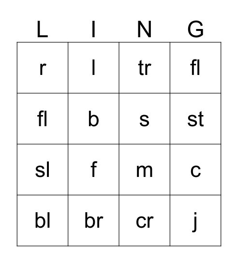 short "a" Lingo Bingo Card