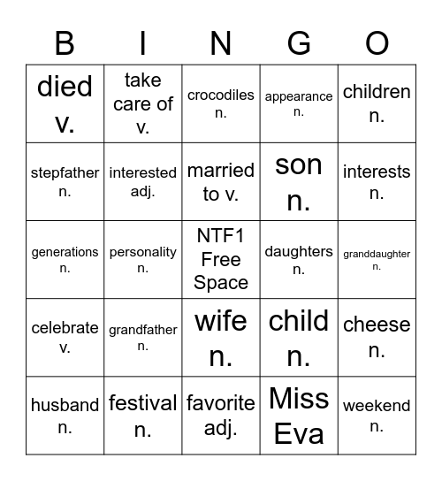 NTF1 Vocabulary Unit 1 Bingo Card
