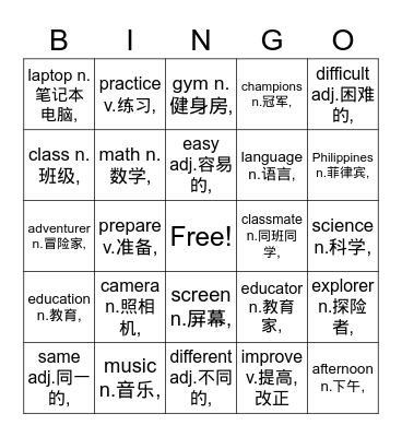 NTIF1 Vocabulary Unit 2 Bingo Card