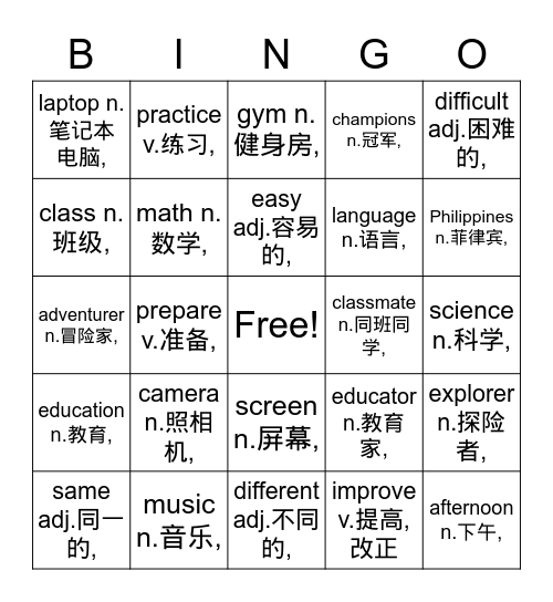 NTIF1 Vocabulary Unit 2 Bingo Card